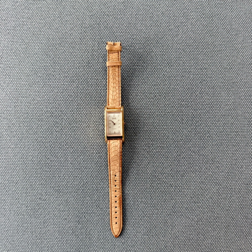 Fossil Gold-Tone Rectangular Watch with Tan Croc-Embossed Strap